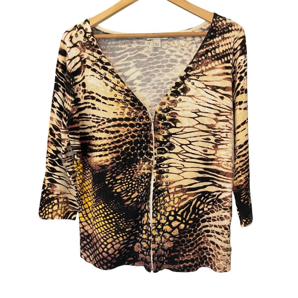 Boston Proper Women's Zipper Up Cardigan Sweater Animal Print Sz Large